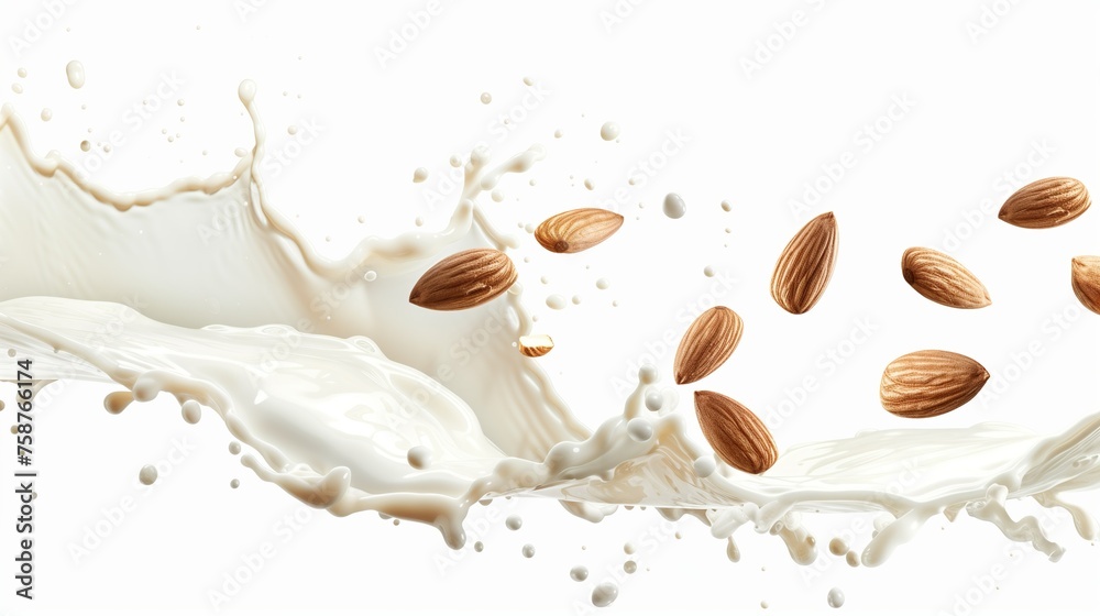 A splash of milk with a few almonds floating in it A splash of milk with a few almonds floating in it