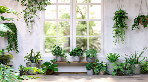 Cozy Home Interior with Lush Green Plants on Window Sill, Bright and Fresh Living Space with Natural Light