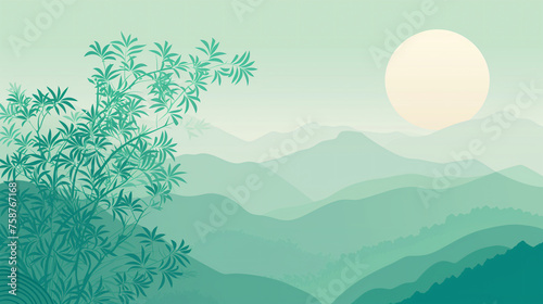 Asian American Heritage Month background. Oriental template design with empty copy space.. Abstract backdrop with bamboo plant and landscape