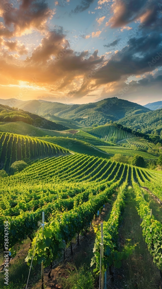 The sun is setting over a vineyard nestled in the hills. The sky is awash with warm hues of orange and pink, casting a soft glow over the rows of grapevines. The landscape is dotted with lush greenery