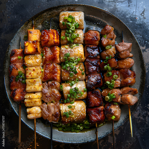 A variety of delicious skewers of meat and vegetables, including Brochettes, Shashliks, Kabab koobideh, Pinchos, Shish taouk, and Souvlaki, displayed on a table