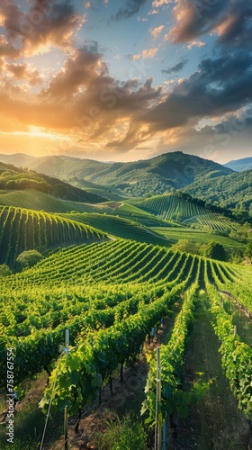 The sun is setting over a vineyard nestled in the hills. The sky is awash with warm hues of orange and pink  casting a soft glow over the rows of grapevines. The landscape is dotted with lush greenery
