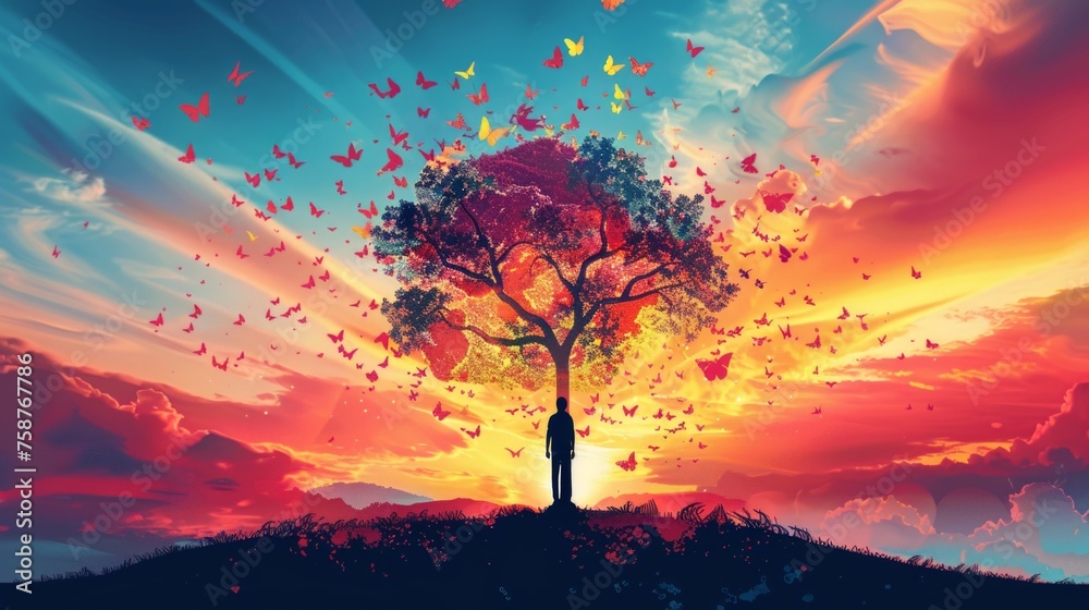 Person Under Tree of Life at Sunset Illustration