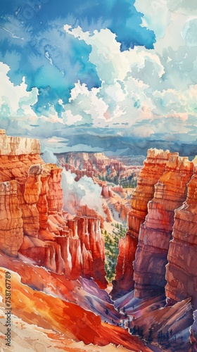 A detailed watercolor painting depicting the majestic Grand Canyon with its deep ravines, layered rock formations, and the Colorado River winding through the vast landscape.