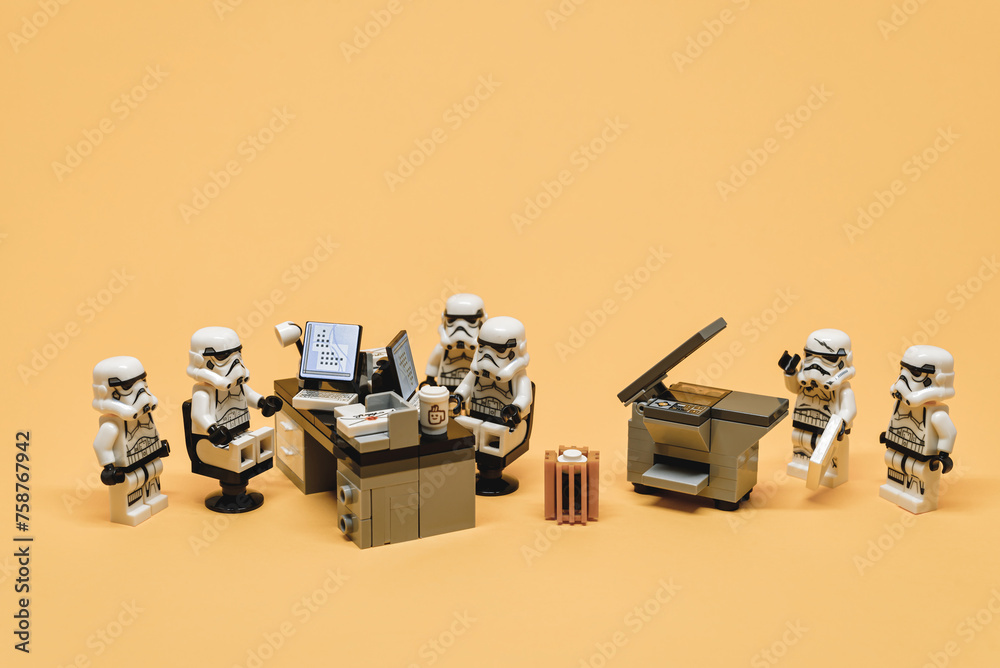 Fototapeta premium Stormtroopers in the office. Business situations concept. Illustrative editorial