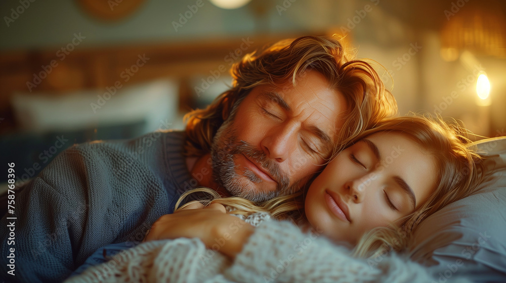 At dawn, a striking man and a captivating woman lay nestled together in the warmth of a cozy bedroom. At dawn, a striking man and a captivating woman lay nestled together in the warmth of a cozy bedroom.