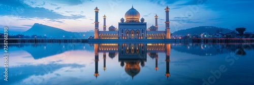 A majestic mosque reflected perfectly in the still waters of a nearby lake, under the tranquil twilight sky