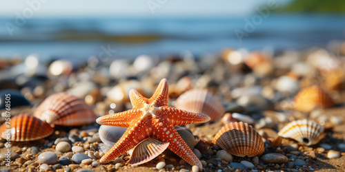 Seashells and starfish on the sand, beautiful summer sea background