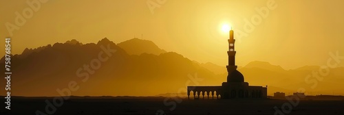 A solitary mosque standing resiliently in the vast expanse of the desert, its silhouette sharp against the setting sun
