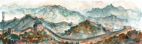 A painting of mountains and a wall with a lot of detail. The painting has a serene and peaceful mood