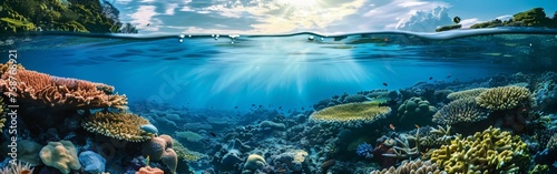 In this underwater scene, a vibrant coral reef is on display, teeming with colorful fish, swaying sea anemones, and dancing sea plants. Sunlight filters through the crystal-clear water, illuminating t