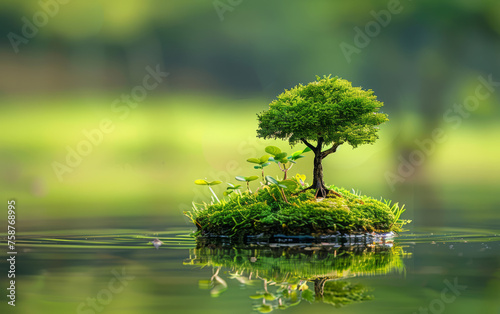 Small tree is on the water reflecting the beautiful green world around it.