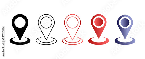 Set of premium location icons. Includes map markers, GPS location symbols, and place markers in a flat style. Stock vector illustration.