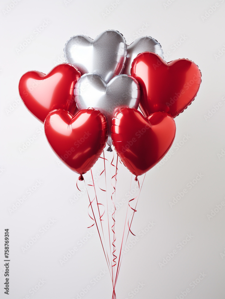 bunch of heart Shaped Foil Balloons, red and silver, matte material, isolated, white background сreated with Generative Ai