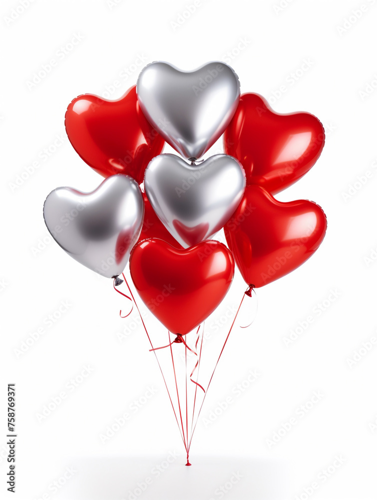 bunch of heart Shaped Foil Balloons, red and silver, matte material, isolated, white background сreated with Generative Ai