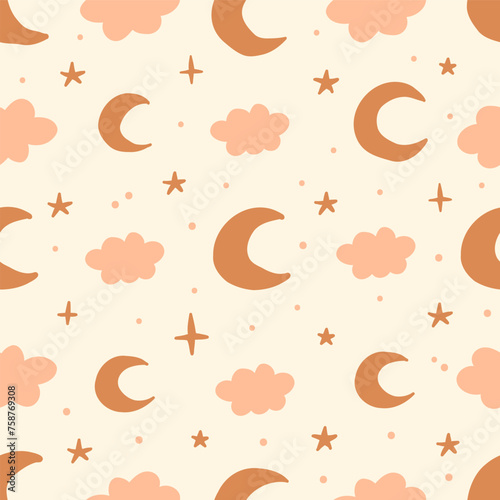 Bohemian baby seamless pattern. Cute baby boho seamless pattern with simple moons. Soft colors universe surface design for kids fabric and nursery decor. Gender neutral design. Vector Illustration