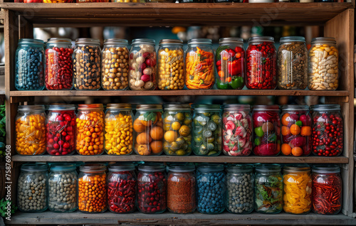 Jars of pickled vegetables and fruits in the old wooden pantry