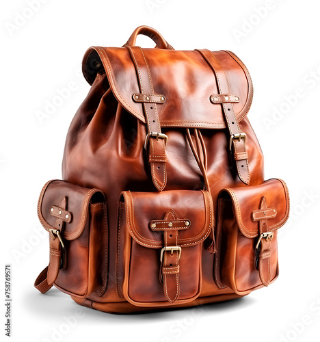 Brown leather rucksack isolated on white background. Generative AI.