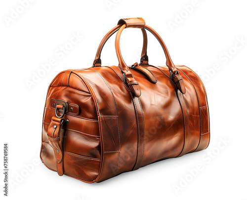 Brown leather duffle bag isolated on white background. Generative AI.
