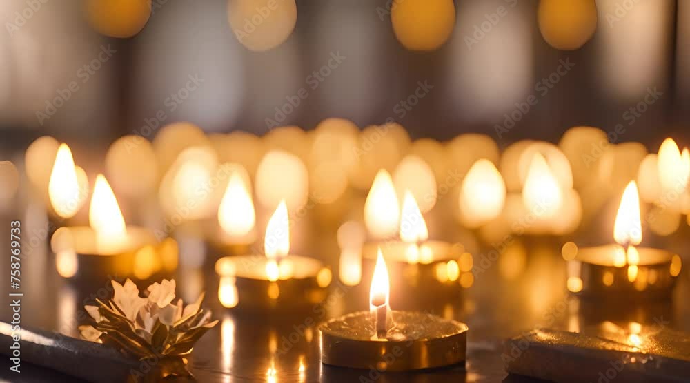 Candle lights at the edge of blurred festive background. Decorative golden shiny candle lights Candle lights at the edge of blurred festive background. Decorative golden shiny candle lights