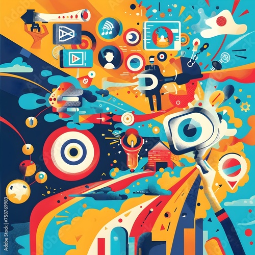 Innovative Advertising: Vibrant Digital Media Icons and Abstraction Symbolizing Creative Marketing Strategies