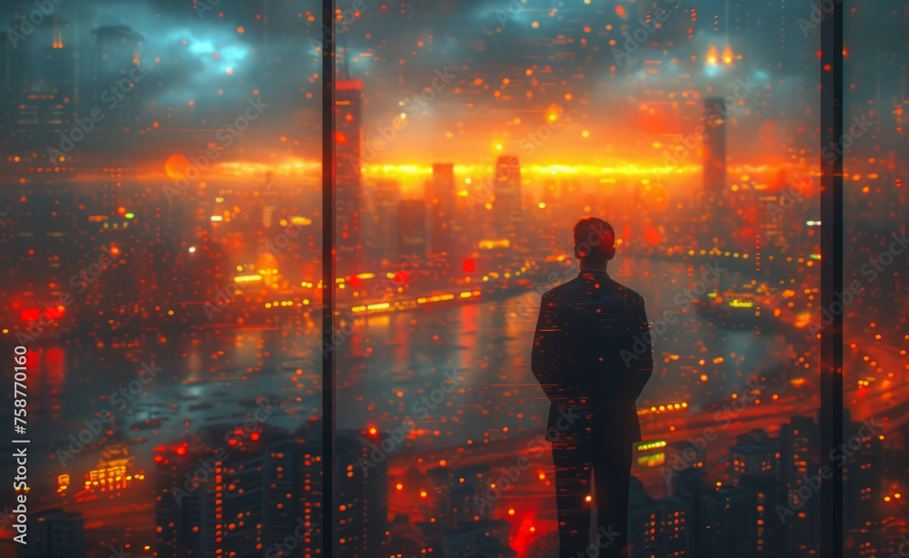 Man standing on the roof of skyscraper and looking at the night city
