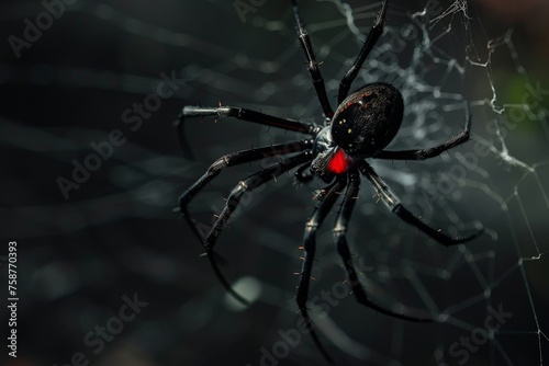 A detailed close-up view of a Black Widow spider sitting on its intricately woven web, showcasing the spiders body and the delicate threads of the web.