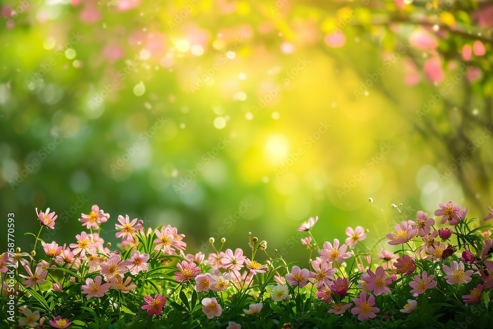 Blur cherry blossom and green grass filed background, empty space, spring