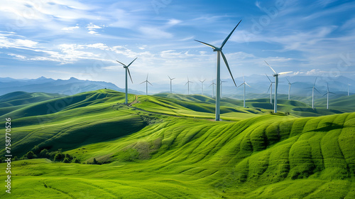 Windmills produce clean energy in a green landscape. Renewable energy