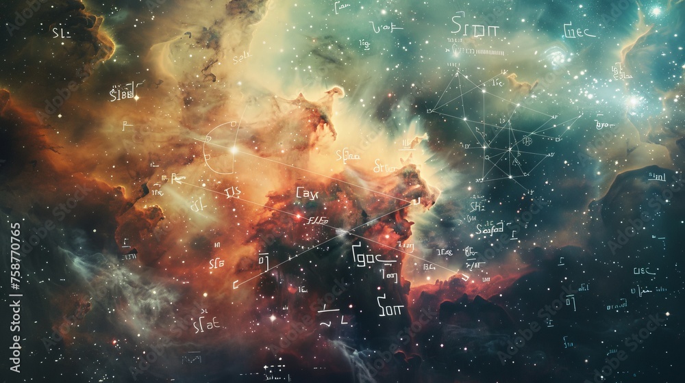 This image shows a vibrant, cosmic scene teeming with stars and numerical symbols scattered throughout. The space is alive with a colorful display of celestial bodies and digital elements. - obrazy, fototapety, plakaty 