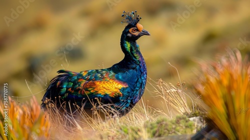 A colorful Himalayan Monal bird is strutting through the grass in a natural setting. The birds vibrant feathers contrast beautifully with the green environment.