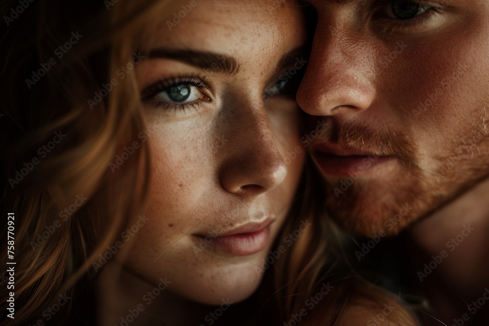 Intimate moment between a couple, showcasing a concept of connection and trust - obrazy, fototapety, plakaty 