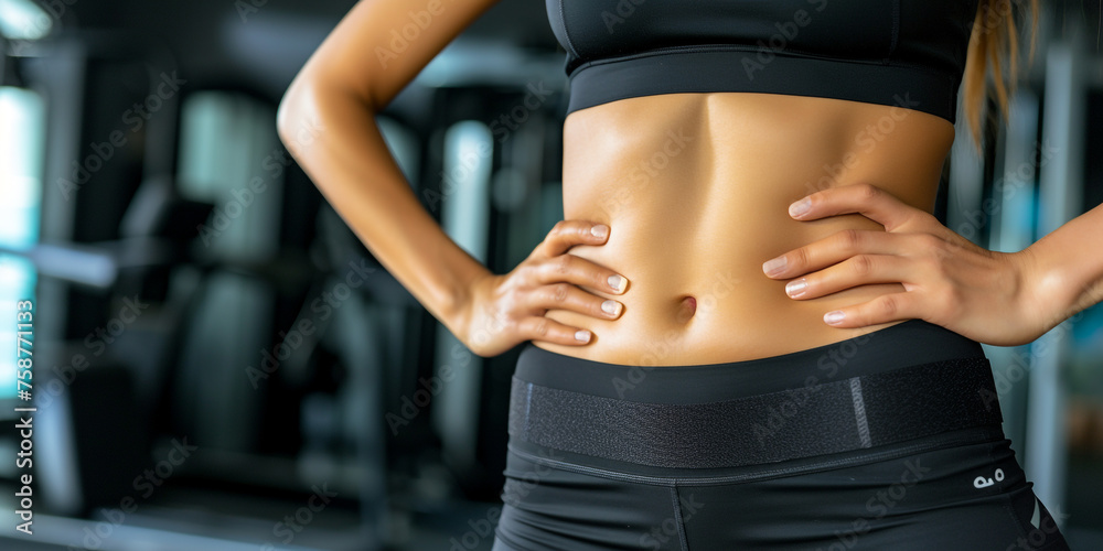 side view of woman waist closeup in black sports clothing with strong belly muscles, six pack, on dark gym background сreated with Generative Ai - obrazy, fototapety, plakaty 