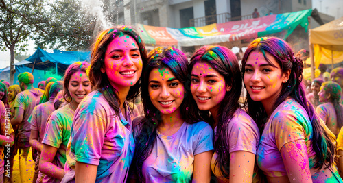 Photos of girls covered in multi-colored paint celebrating the Holi festival.