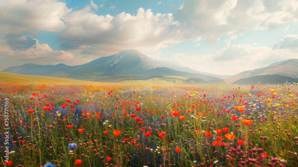 A field of colorful flowers stretches out in the foreground, with majestic mountains rising in the distance under a clear blue sky.