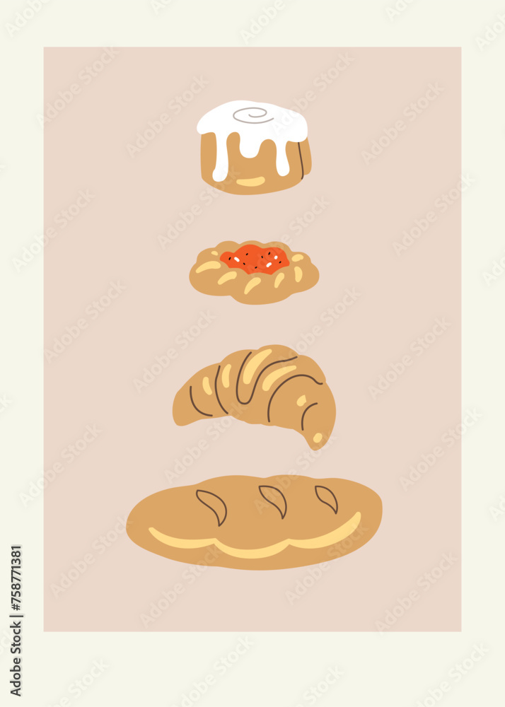 Vector hand painted cafe tasty backed pastry bread, croissant, danish and cinnamon bun illustration. Cute flat simple hand drawn clipart premade interior poster for print Vector hand painted cafe tasty backed pastry bread, croissant, danish and cinnamon bun illustration. Cute flat simple hand drawn clipart premade interior poster for print
