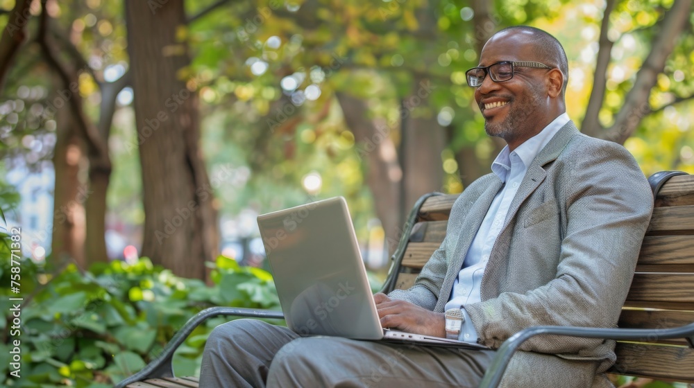 A man dressed in business casual attire is sitting on a bench outdoors, using a laptop. He appears focused on his work, with a serene expression. A man dressed in business casual attire is sitting on a bench outdoors, using a laptop. He appears focused on his work, with a serene expression.