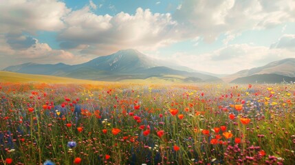 A field of colorful flowers stretches out in the foreground, with majestic mountains rising in the distance under a clear blue sky.
