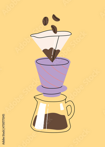 Vector hand painted cafe tasty filter specialty coffee illustration. Cute flat simple hand drawn clipart premade interior poster for print