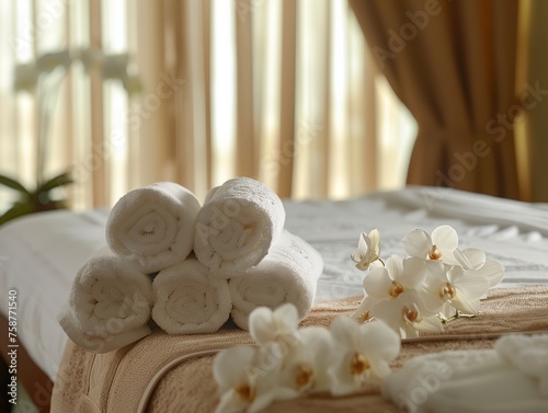 Luxury spa, towels and spa setting on table