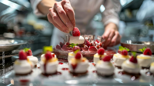 A close-up high-definition image of a chef's hands precisely garnishing a dessert plate with fresh strawberries