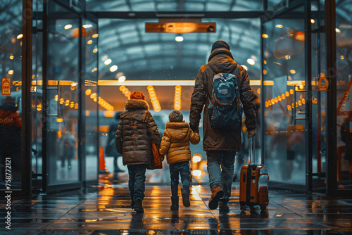 Family at Airport during Sunset. Warmly lit digital art scenes of family travel and departure with reflective surfaces and golden hour lighting. Adventure concept with copy space for design and print.