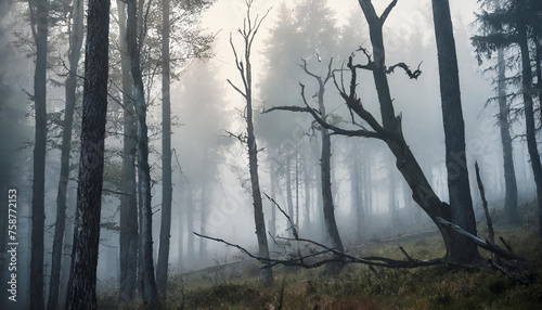 Dark forest with dead trees in fog. Dry broken branches. Mysterious scenery. Mystical atmosphere.