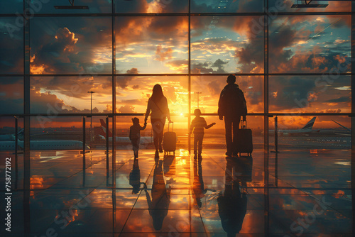 Family at Airport during Sunset. Warmly lit digital art scenes of family travel and departure with reflective surfaces and golden hour lighting. Adventure concept with copy space for design and print. © Dmitry