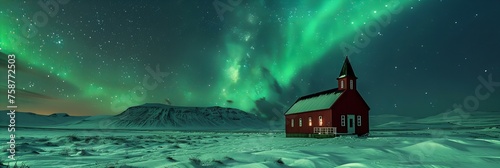 A remote church under the mesmerizing Northern Lights, in a landscape of untouched snow