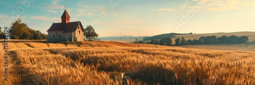 A rustic church in the countryside, with fields of golden wheat stretching out to the horizon