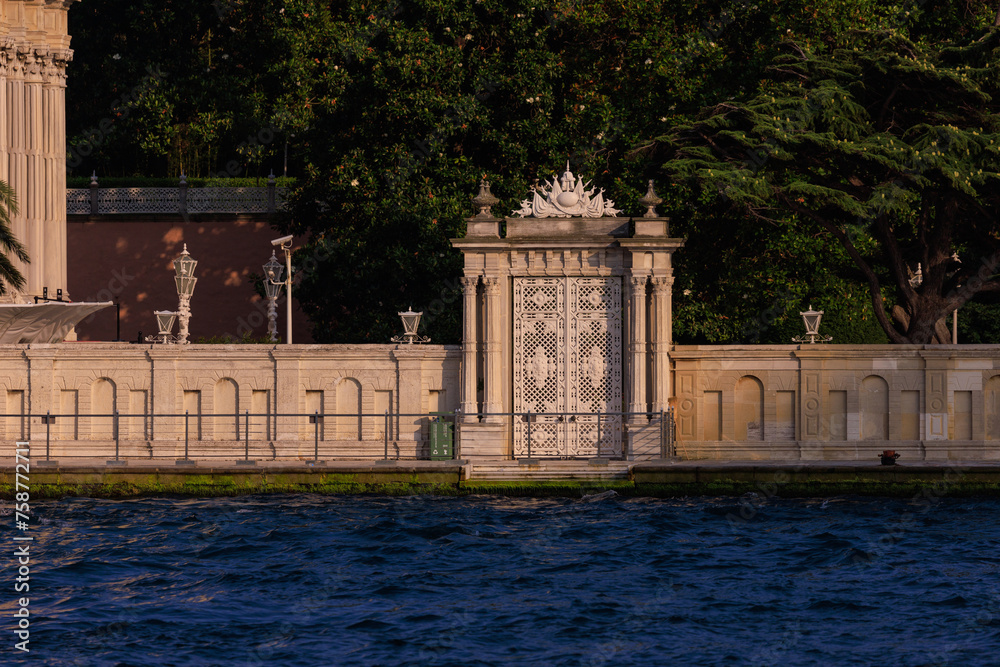 View from the water of the Bosphorus Strait to ancient palaces and buildings. Public place on the street of Istanbul, Türkiye. View from the water of the Bosphorus Strait to ancient palaces and buildings. Public place on the street of Istanbul, Türkiye.
