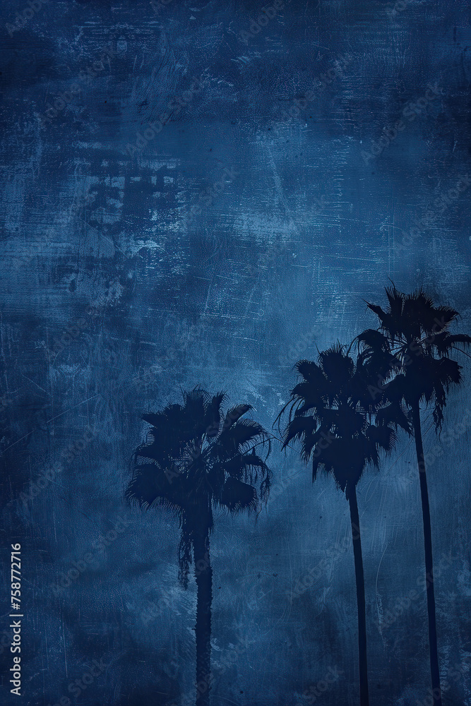 Fondo o espacio azul marino con la silueta de palmeras, efímero, abstracto, vintage, estilo surfista, playero, viajes vertical, color jean oscuro, moda, estilo desenfrenado, libre, fuera de la rutina - obrazy, fototapety, plakaty 