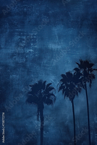 Fondo o espacio azul marino con la silueta de palmeras, efímero, abstracto, vintage, estilo surfista, playero, viajes vertical, color jean oscuro, moda, estilo desenfrenado, libre, fuera de la rutina photo