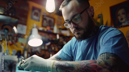 A tattoo artist with sleeves of tattoos is engrossed in his work amidst a vibrantly decorated tattoo parlor photo